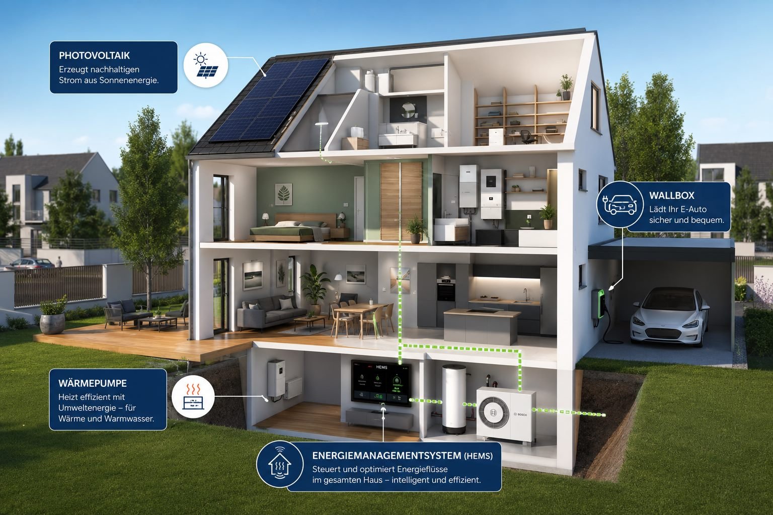 Modernes Einfamilienhaus mit Wärmepumpe, Photovoltaik und Speicher als Gesamtsystem
